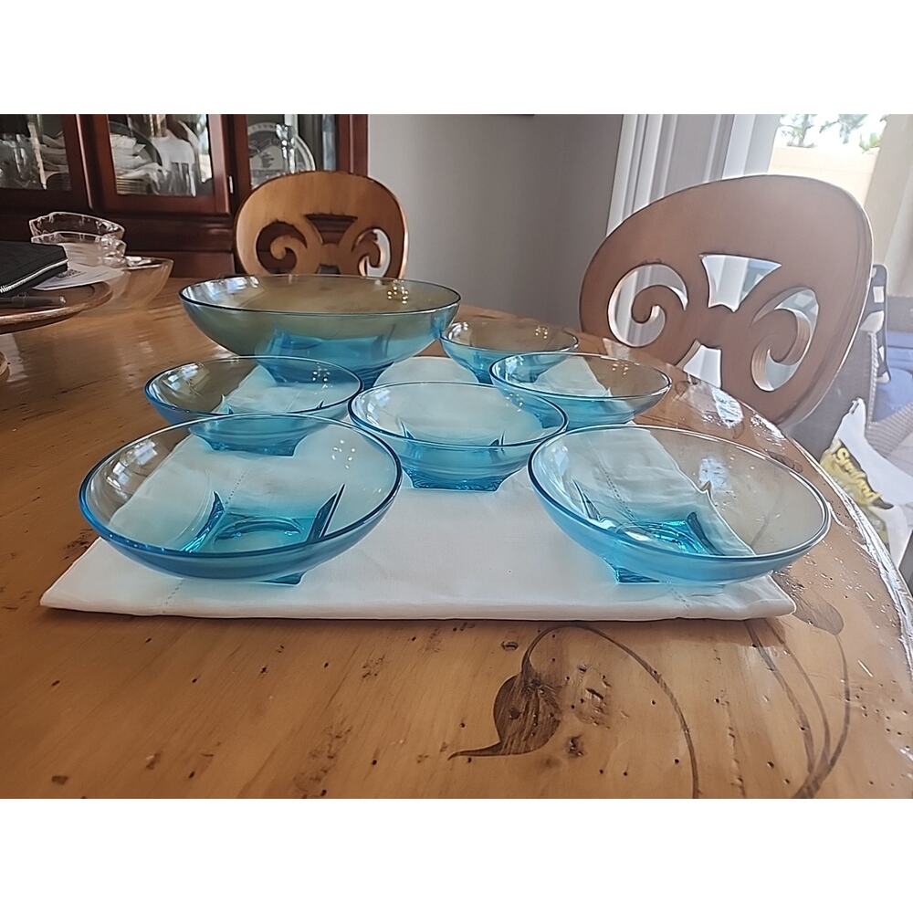 MCM Glassware Hazel Atlas Capri Colonial Azure Blue Glass Salad Serving Set - Picture 3 of 9